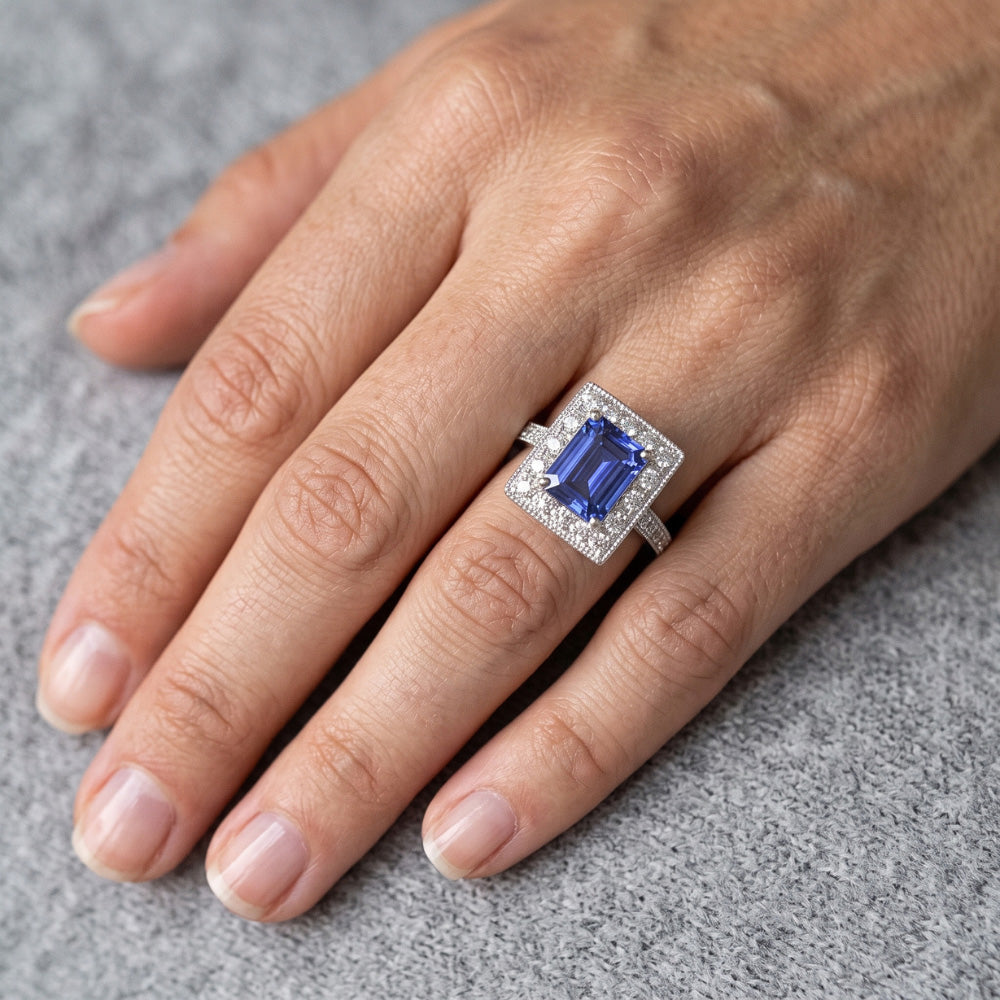 Natural Earth Mined Diamond Halo Ring Emerald Blue Sapphire 3 Carats 14K White Gold
