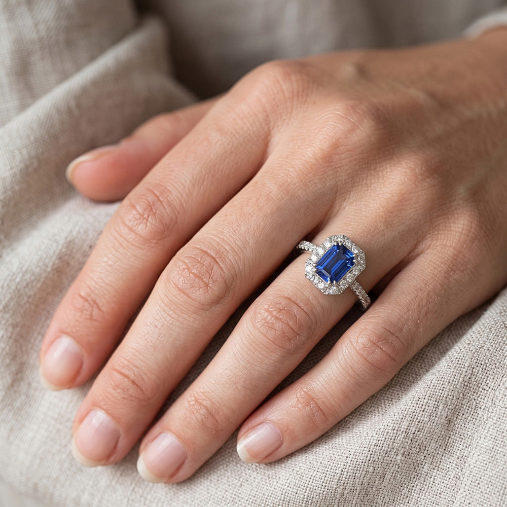 Natural Earth Mined Diamond Halo Ring Emerald Sri Lankan Sapphire 3 Carats