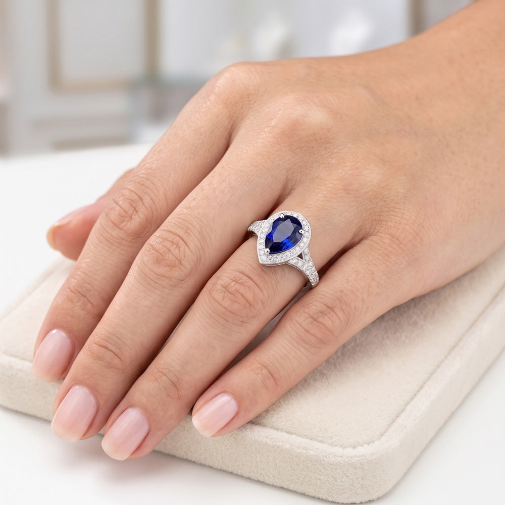 Natural Earth Mined Diamond Halo Ring Pear Cut Blue Sapphire Antique Style 3.50 Carats