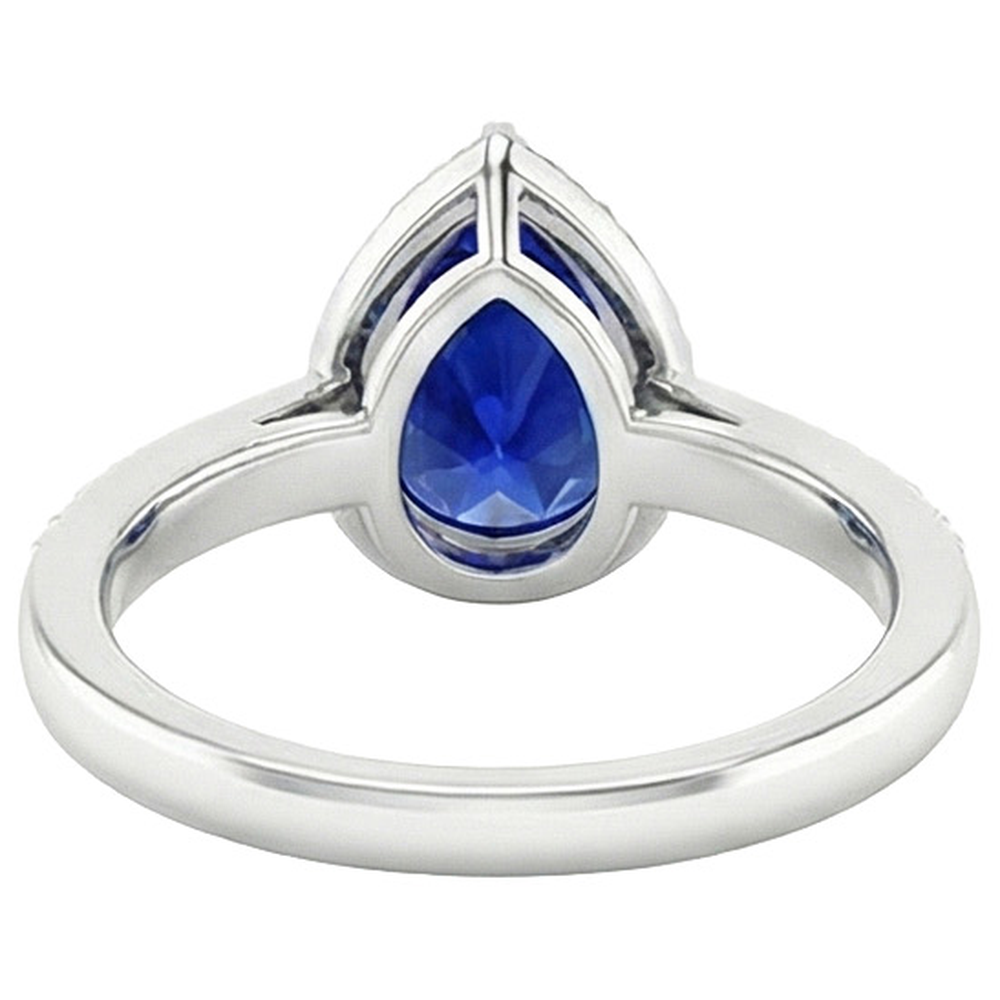 Natural Earth Mined Diamond Halo Ring Pear Cut Sri Lankan Sapphire 3.75 Carats