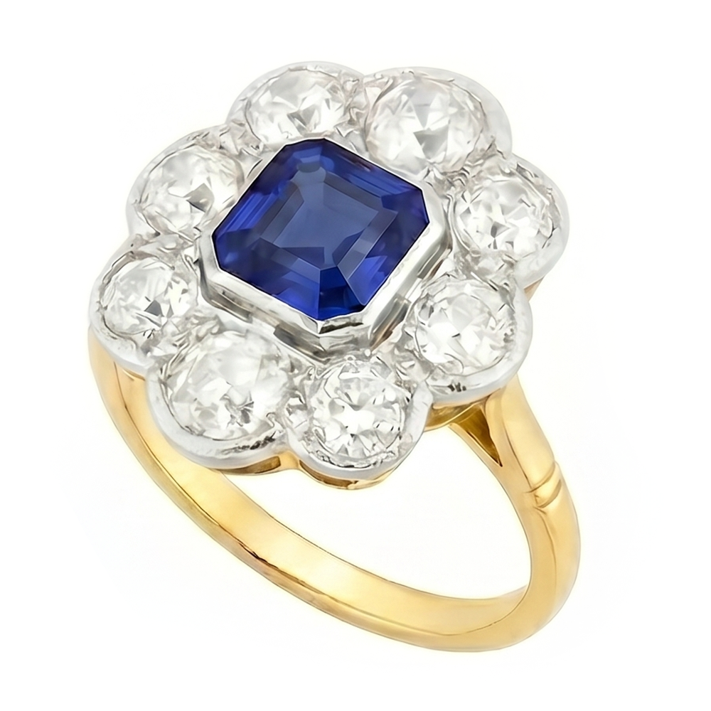 Natural Earth Mined Diamond Halo Sapphire Ring Bezel Set Asscher Cut Flower Style 4 Carats
