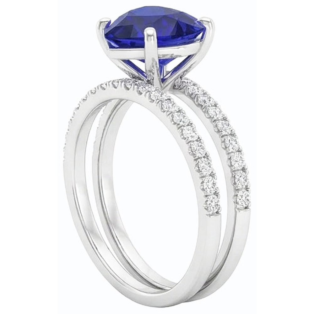 Natural Earth Mined Diamond Heart Blue Sapphire Wedding Ring Set 3.50 Carats Jewelry