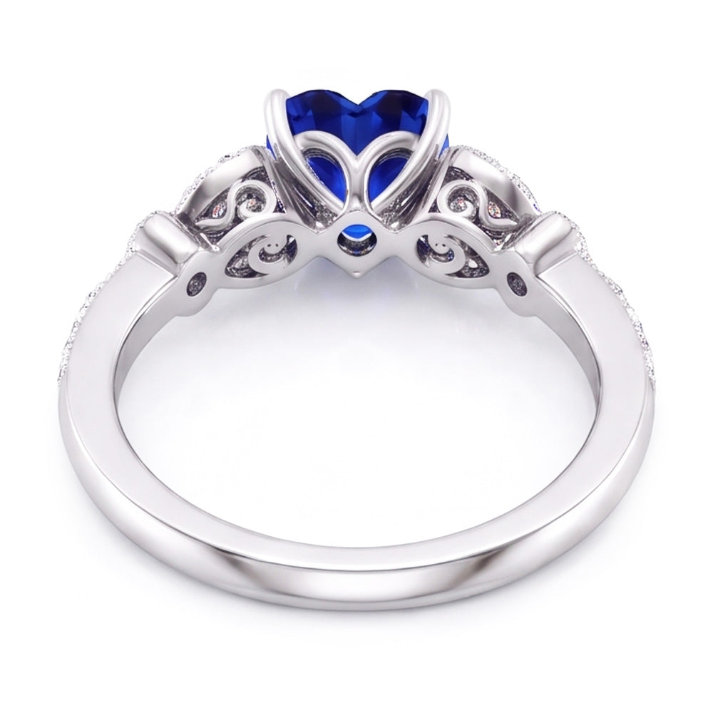Natural Earth Mined Diamond Heart Shaped Blue Sapphire Ring 2.50 Carats Butterfly Style