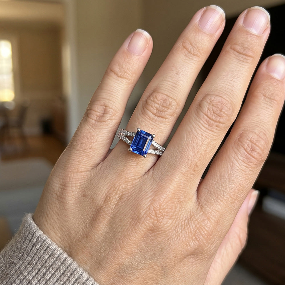 Natural Earth Mined Diamond Jewelry Emerald Cut Blue Sapphire Ring Split Shank 3 Carats