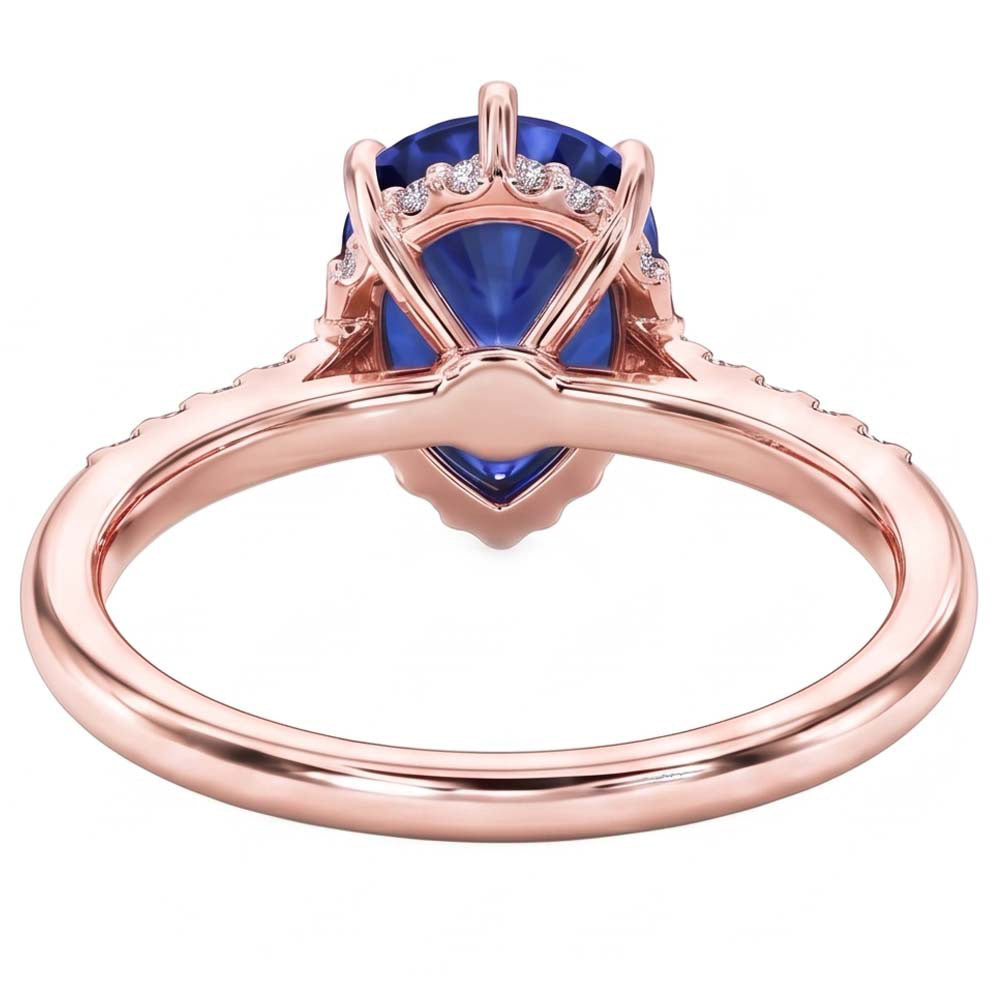 Natural Earth Mined Diamond Jewelry Halo Pear Blue Sapphire Ring 4 Carats Rose Gold 14K
