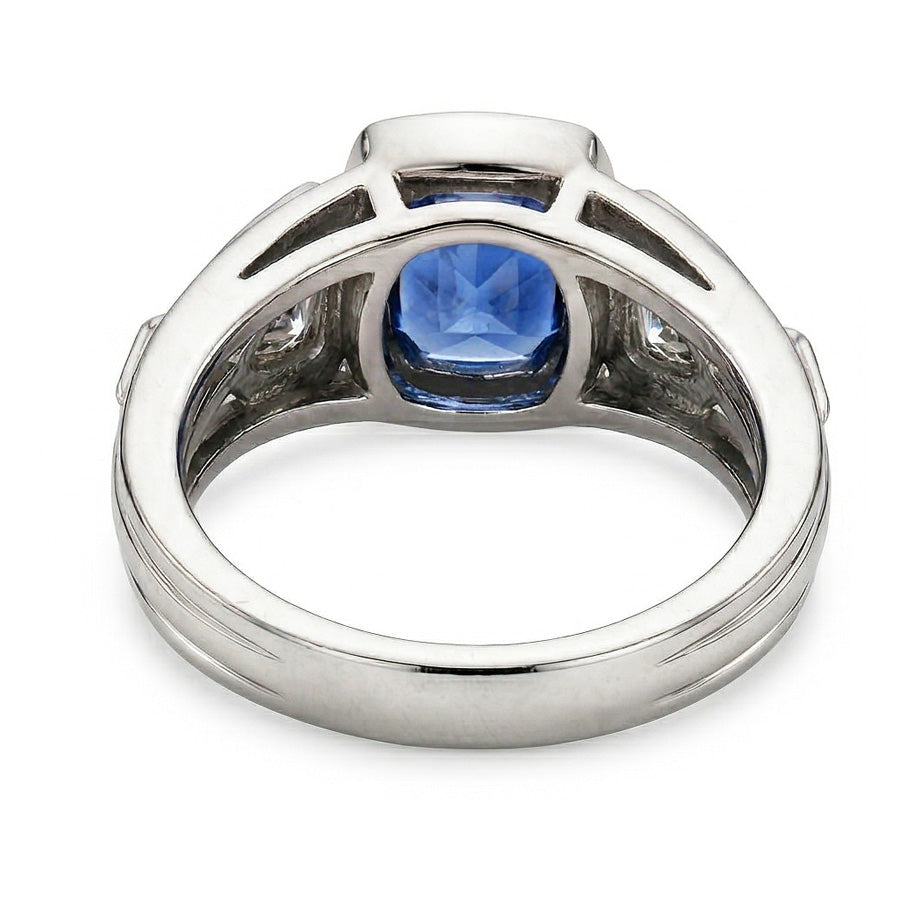Natural Earth Mined Diamond Ring 2.50 Carats Bezel Round Sapphire & Trillion, Princess Cut