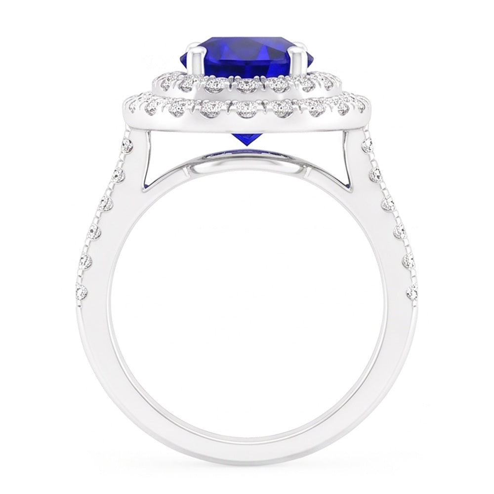 Natural Earth Mined Diamond Round Blue Sapphire Ring Double Halo 4 Carats Women's Gold 14K
