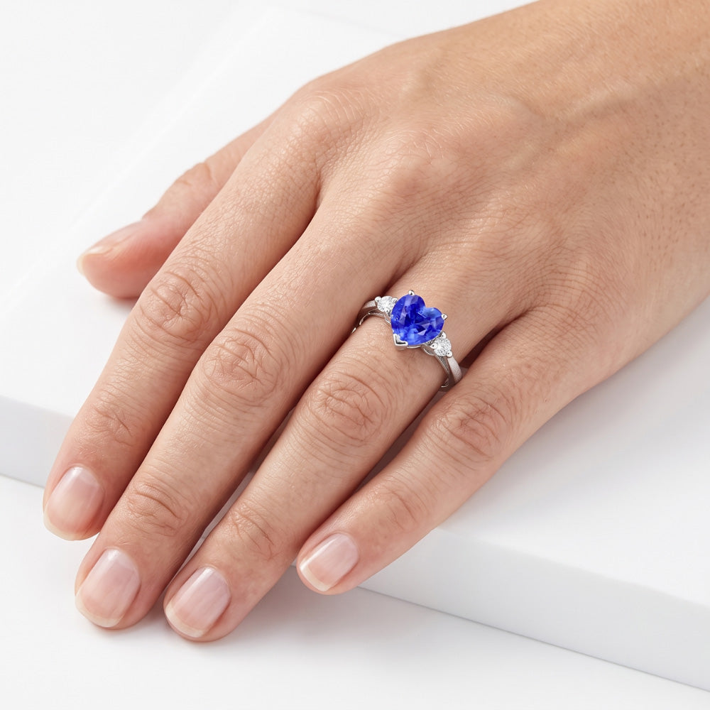 Natural Earth Mined Diamond Three Stone Sri Lankan Sapphire Ring 1.75 Carats