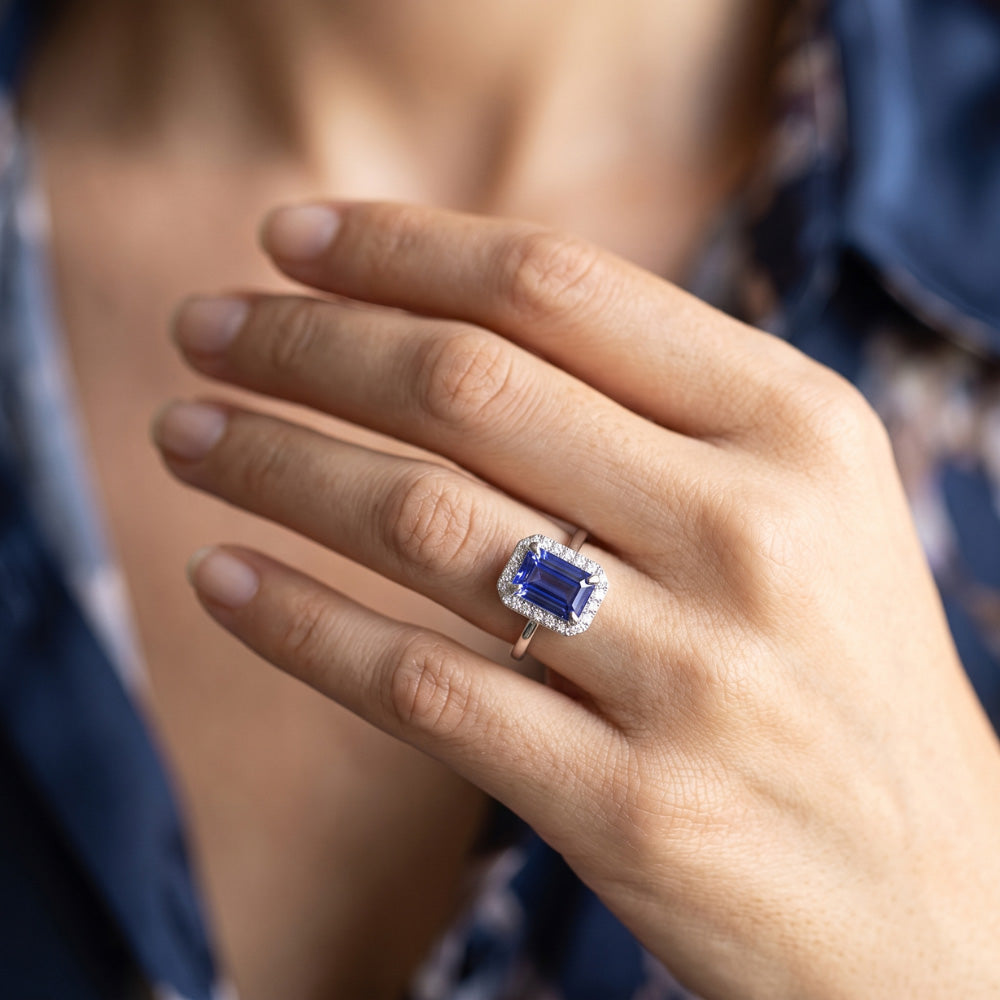 Natural Real ( Not Lab Grown ) 2 Carat Emerald Cut Sapphire Halo Ring
