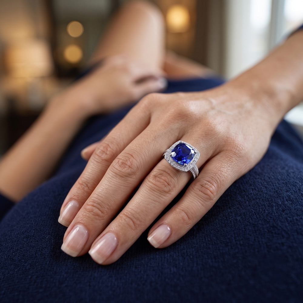 Natural Real ( Not Lab Grown ) 5 Carat Cushion Halo Sapphire Ring