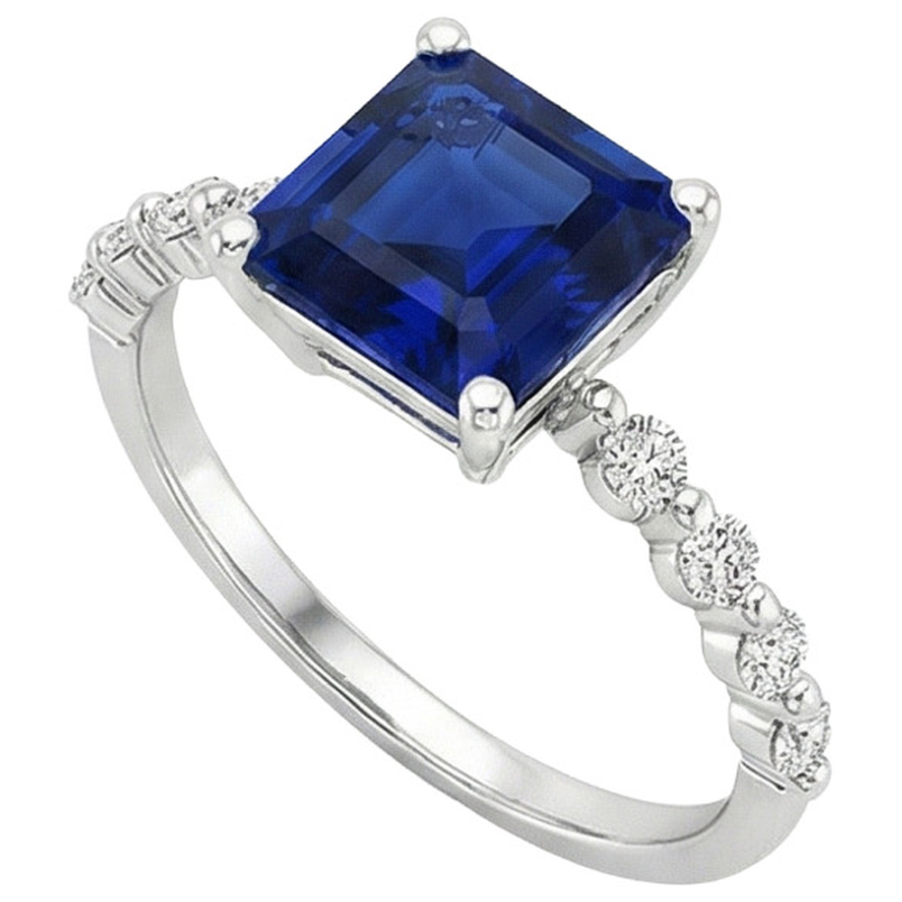 Natural Real ( Not Lab Grown ) Anniversary Ring Princess Blue Sapphire Solitaire With Accents 4 Carat