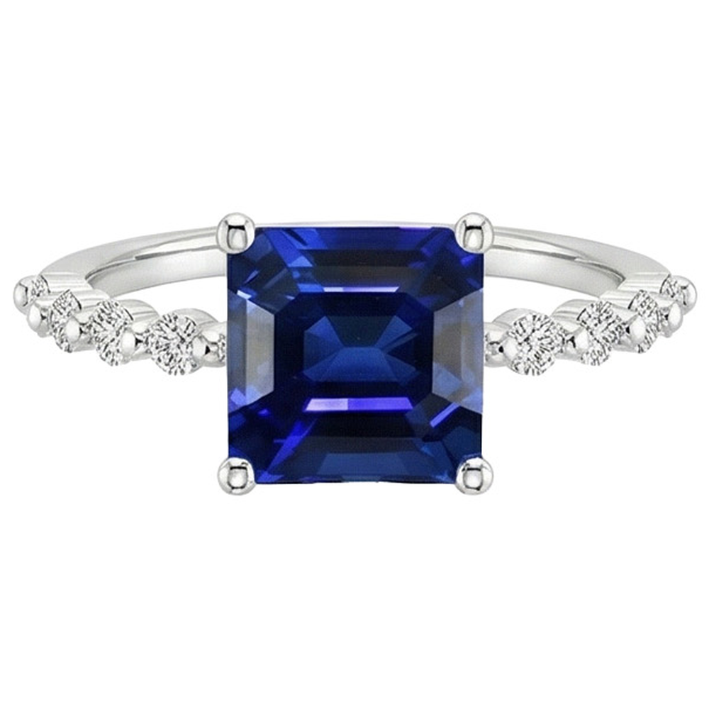 Natural Real ( Not Lab Grown ) Anniversary Ring Princess Blue Sapphire Solitaire With Accents 4 Carat