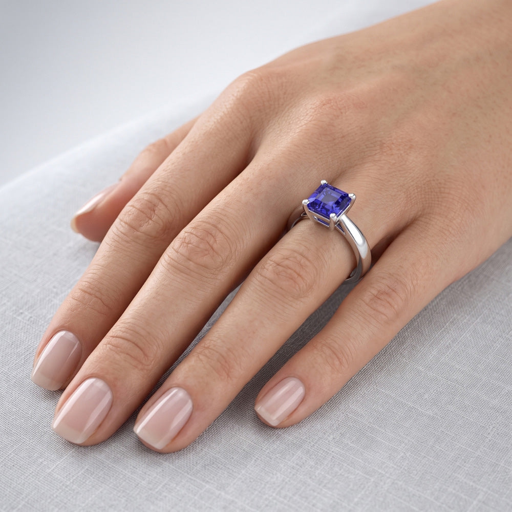Natural Real ( Not Lab Grown ) Asscher Cut Blue Sapphire Solitaire Ring