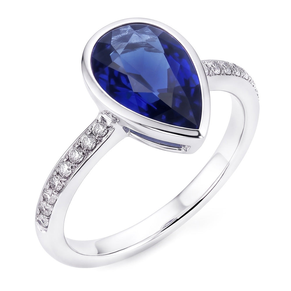 Natural Real ( Not Lab Grown ) Bezel Set Gemstone Ring 2.50 Ct Pear Sapphire With Accents