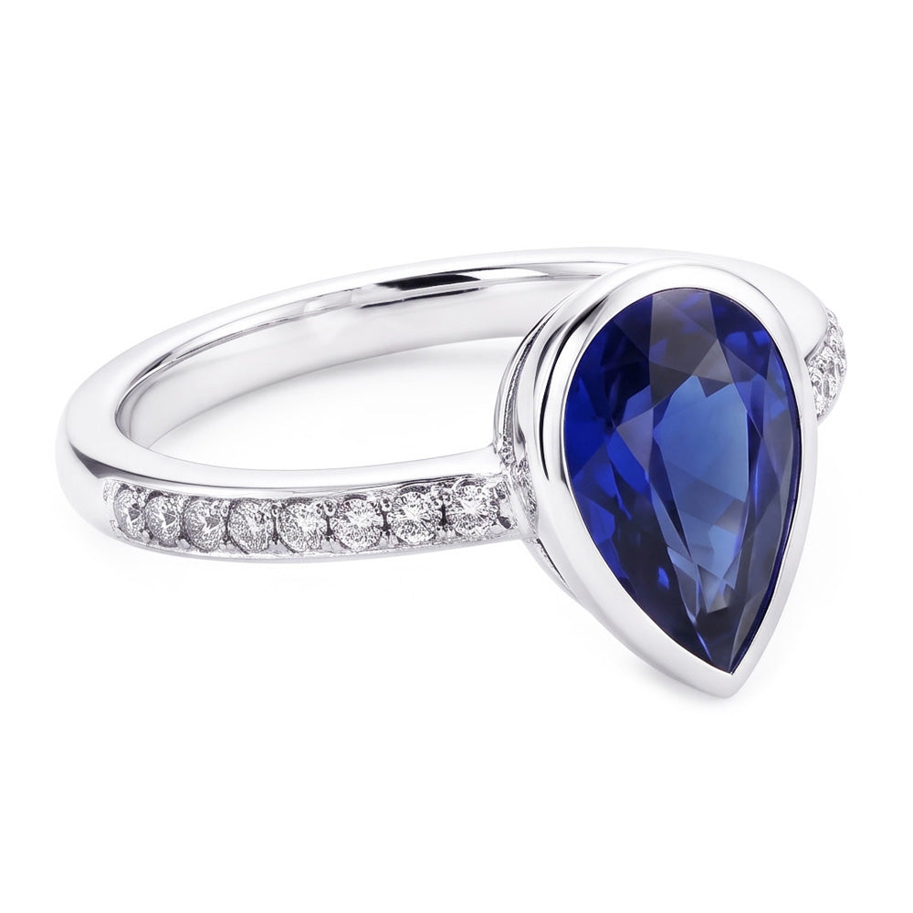 Natural Real ( Not Lab Grown ) Bezel Set Gemstone Ring 2.50 Ct Pear Sapphire With Accents