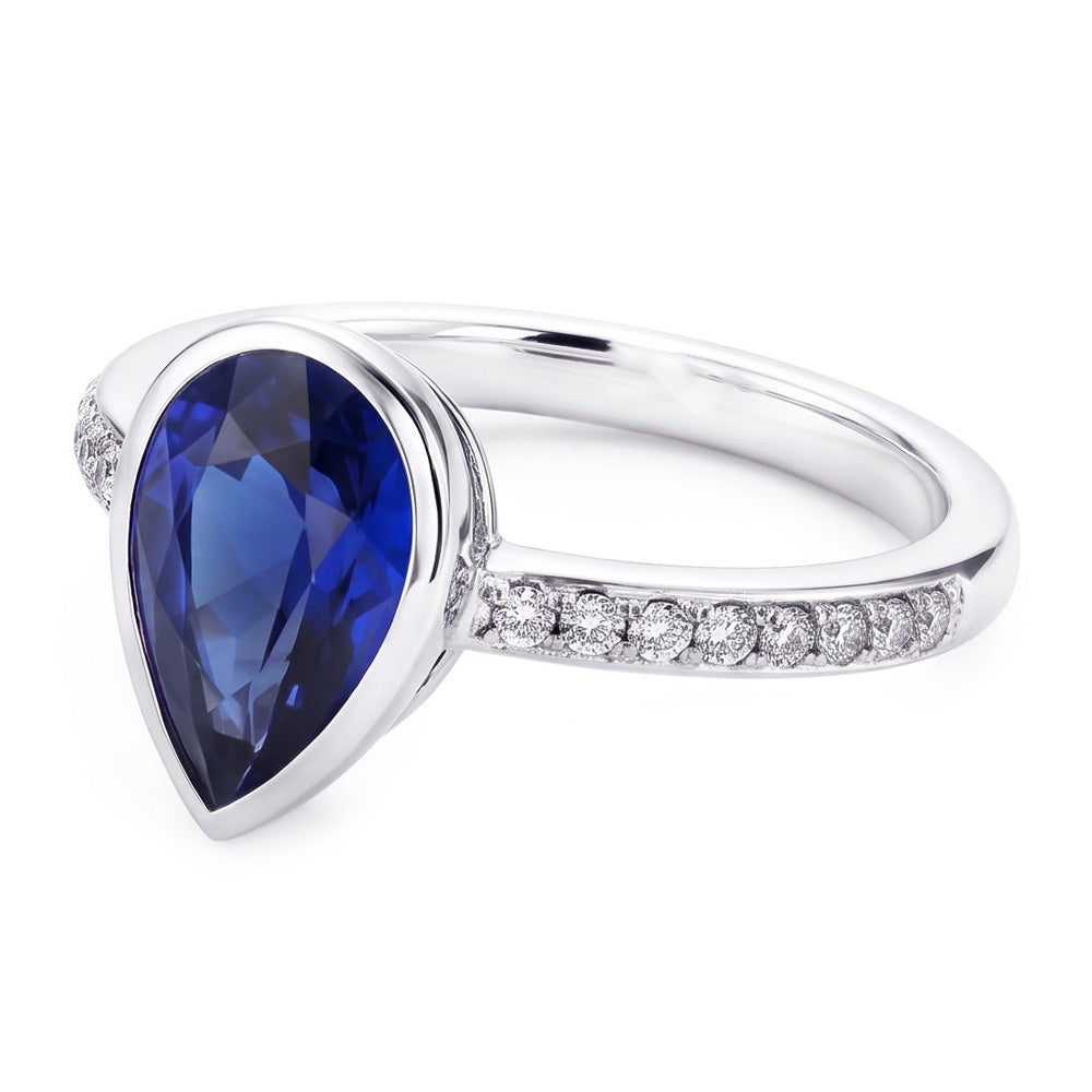 Natural Real ( Not Lab Grown ) Bezel Set Gemstone Ring 2.50 Ct Pear Sapphire With Accents