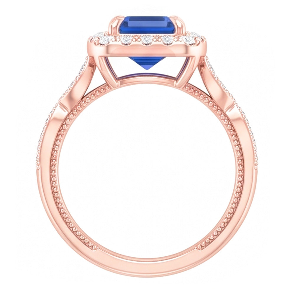 Natural Real ( Not Lab Grown ) Blue Sapphire Engagement Ring 3 Carats Emerald Cut Rose Gold Milgrain