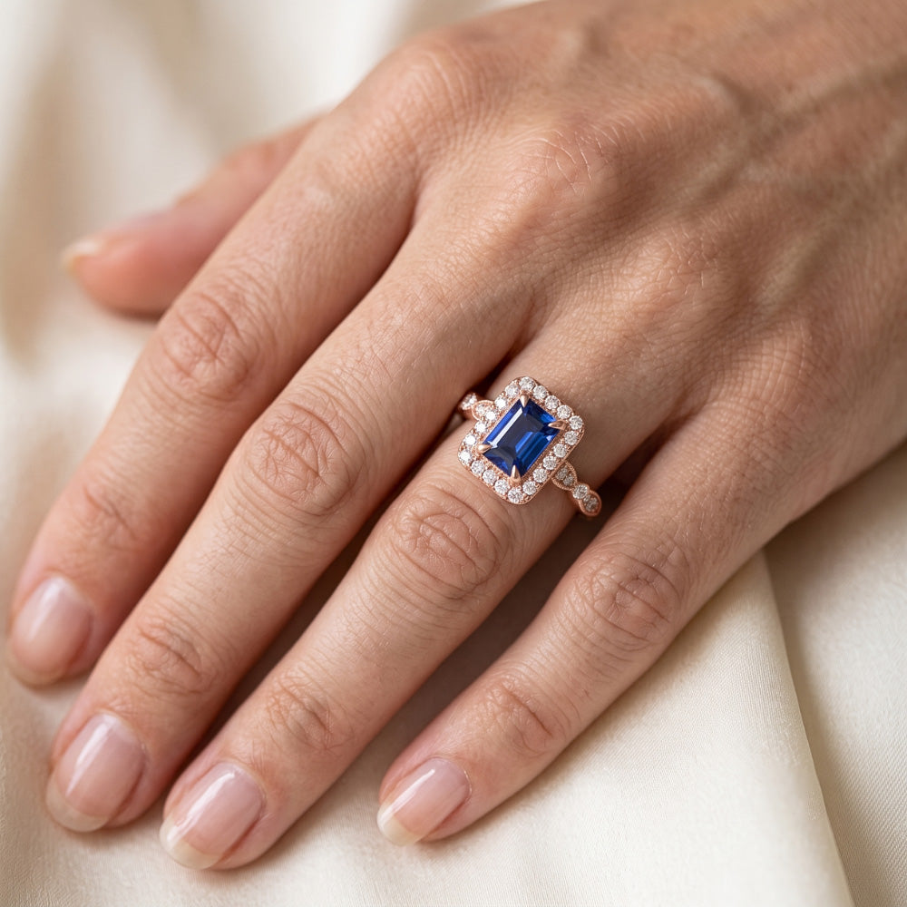 Natural Real ( Not Lab Grown ) Blue Sapphire Engagement Ring 3 Carats Emerald Cut Rose Gold Milgrain