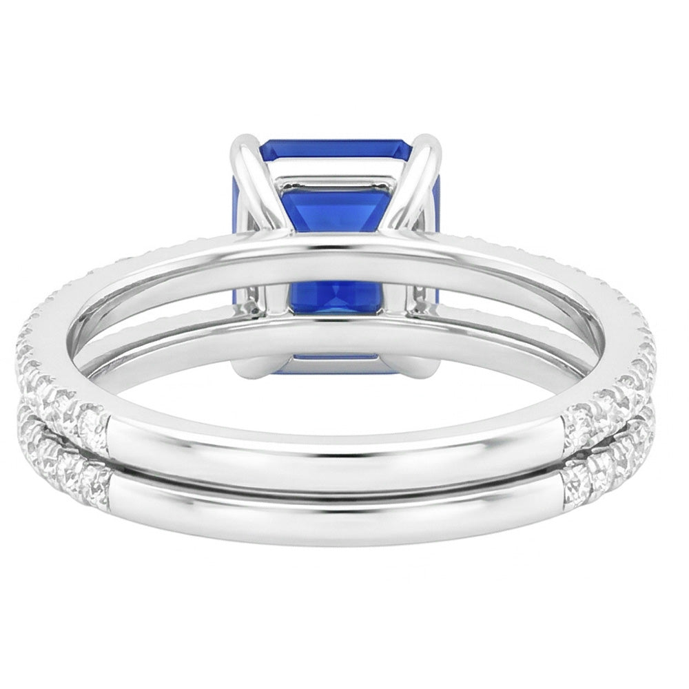 Natural Real ( Not Lab Grown ) Blue Sapphire Engagement Ring Set Asscher Cut White Gold 14K 3 Carats