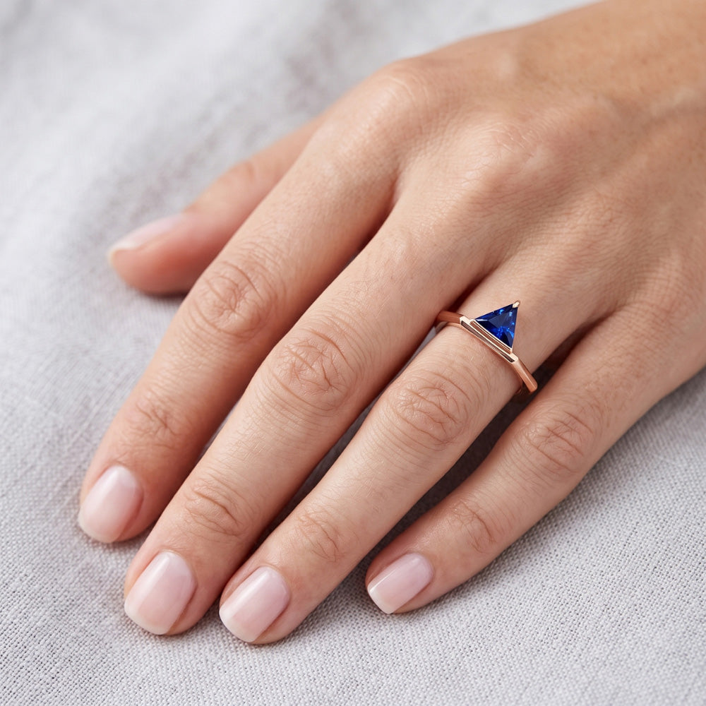 Natural Real ( Not Lab Grown ) Blue Sapphire Gemstone Trillion Ring 14K Rose Gold 1 Carat Jewelry