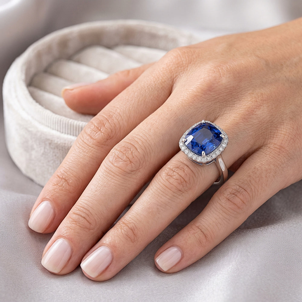 Natural Real ( Not Lab Grown ) Cushion Cut Ceylon Sapphire Halo Ring