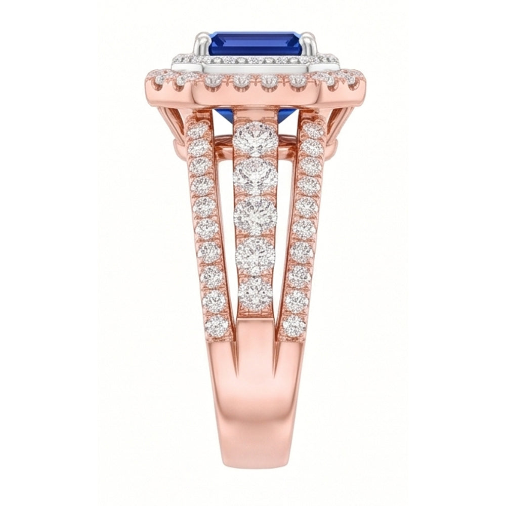 Natural Real ( Not Lab Grown ) Double Halo Blue Sapphire Gemstone Wedding Ring 3 Carats Rose Gold 14K
