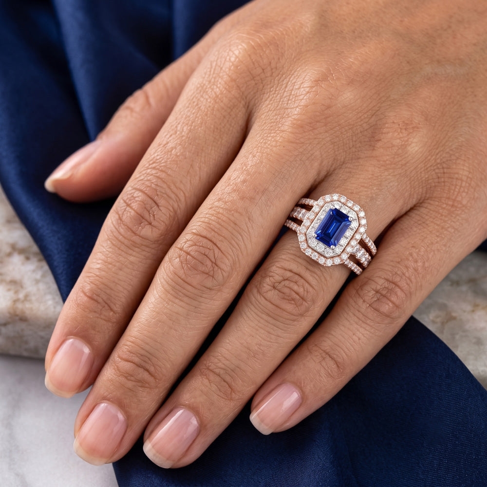 Natural Real ( Not Lab Grown ) Double Halo Blue Sapphire Gemstone Wedding Ring 3 Carats Rose Gold 14K
