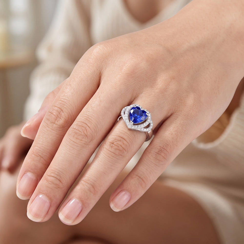 Natural Real ( Not Lab Grown ) Double Halo Heart Sri Lankan Sapphire Ring 3 Carats White Gold 14K
