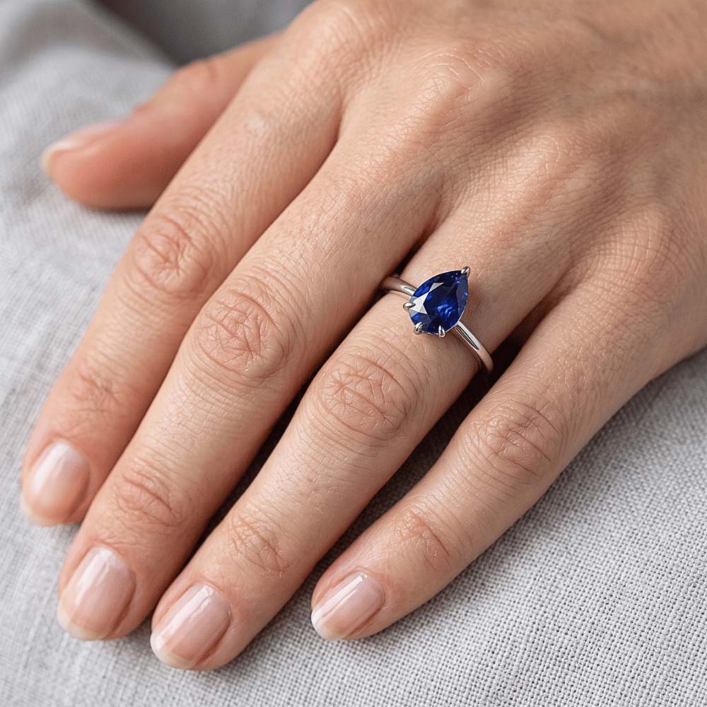 Natural Real ( Not Lab Grown ) Eagle Claw Prongs Ladies Solitaire Ring Pear Cut Blue Sapphire Jewelry