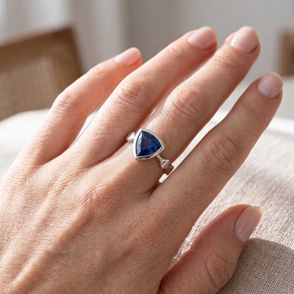 Natural Real ( Not Lab Grown ) Engagement Solitaire Ring Trillion Bezel Set Blue Sapphire 1 Carat