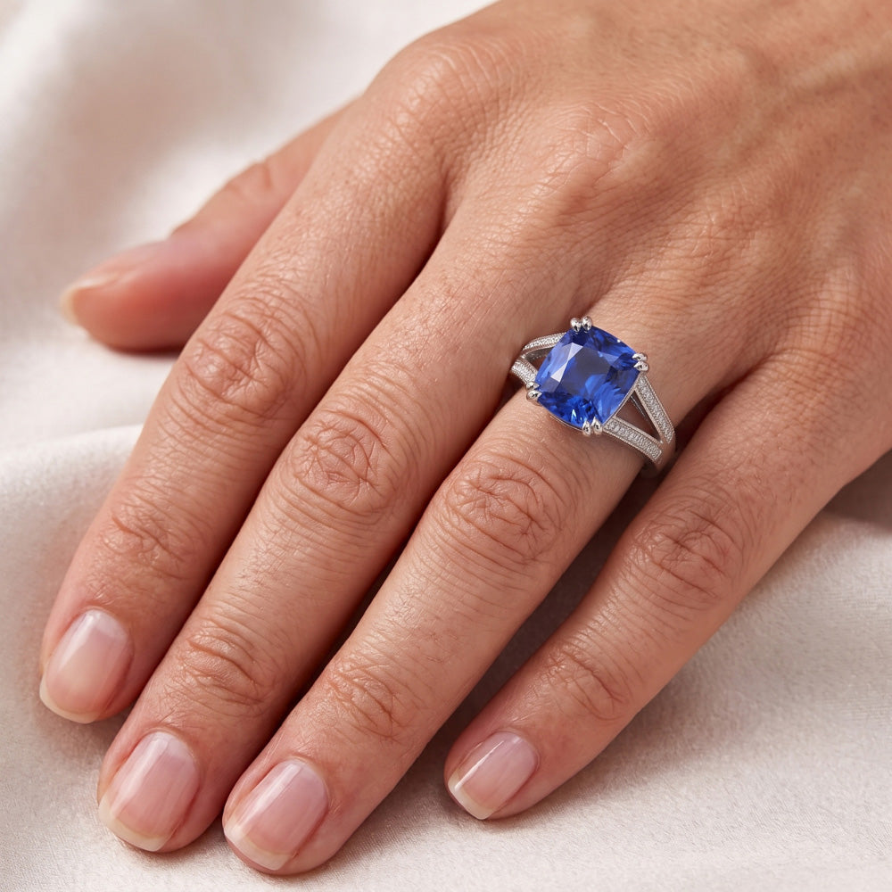 Natural Real ( Not Lab Grown ) Gemstone Jewelry Cushion Sapphire Ring 4 Carats Split Shank Jewelry