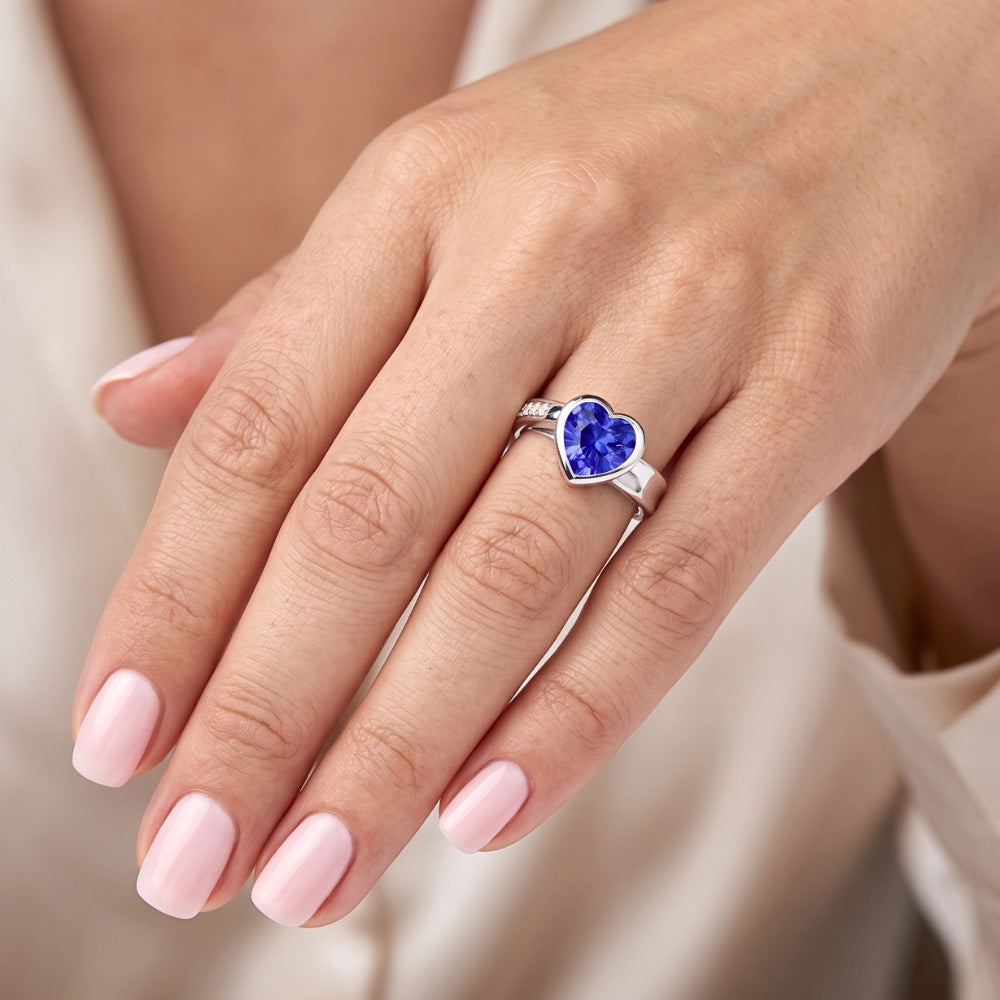 Natural Real ( Not Lab Grown ) Gemstone Ring Heart Bezel Set Ceylon Sapphire 2.25 Carats Jewelry