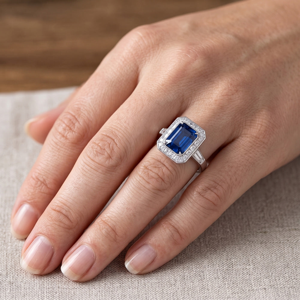 Natural Real ( Not Lab Grown ) Halo Emerald Blue Sapphire Engagement Ring 3.50 Carats Jewelry