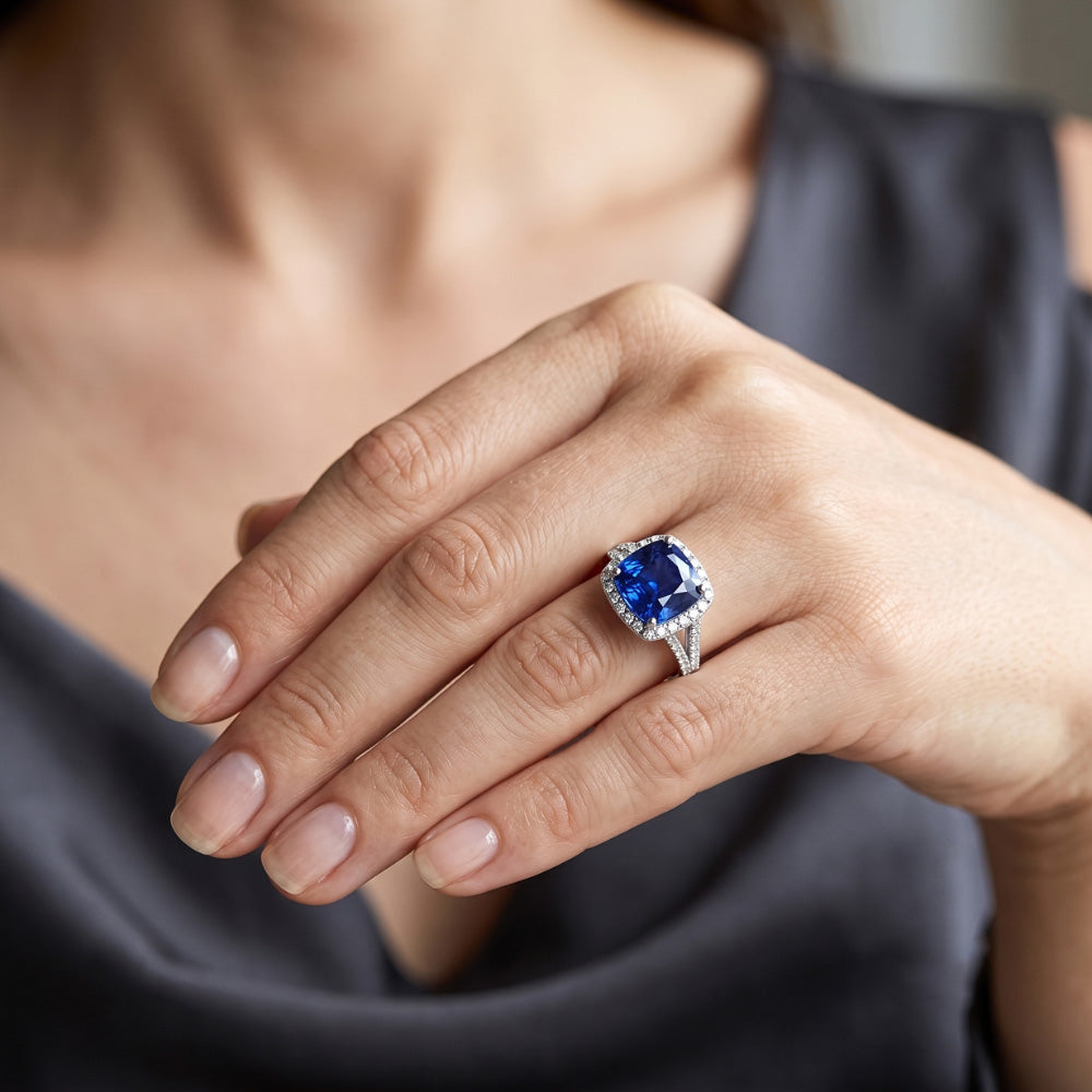 Natural Real ( Not Lab Grown ) Halo Ring Cushion Sri Lankan Sapphire 4 Carats Split Shank Jewelry