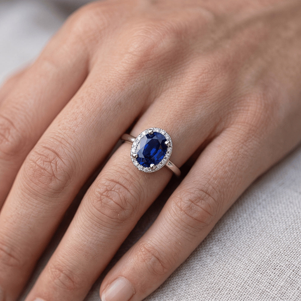 Natural Real ( Not Lab Grown ) Halo Sri Lankan Sapphire Wedding Ring 3.50 Carats White Gold