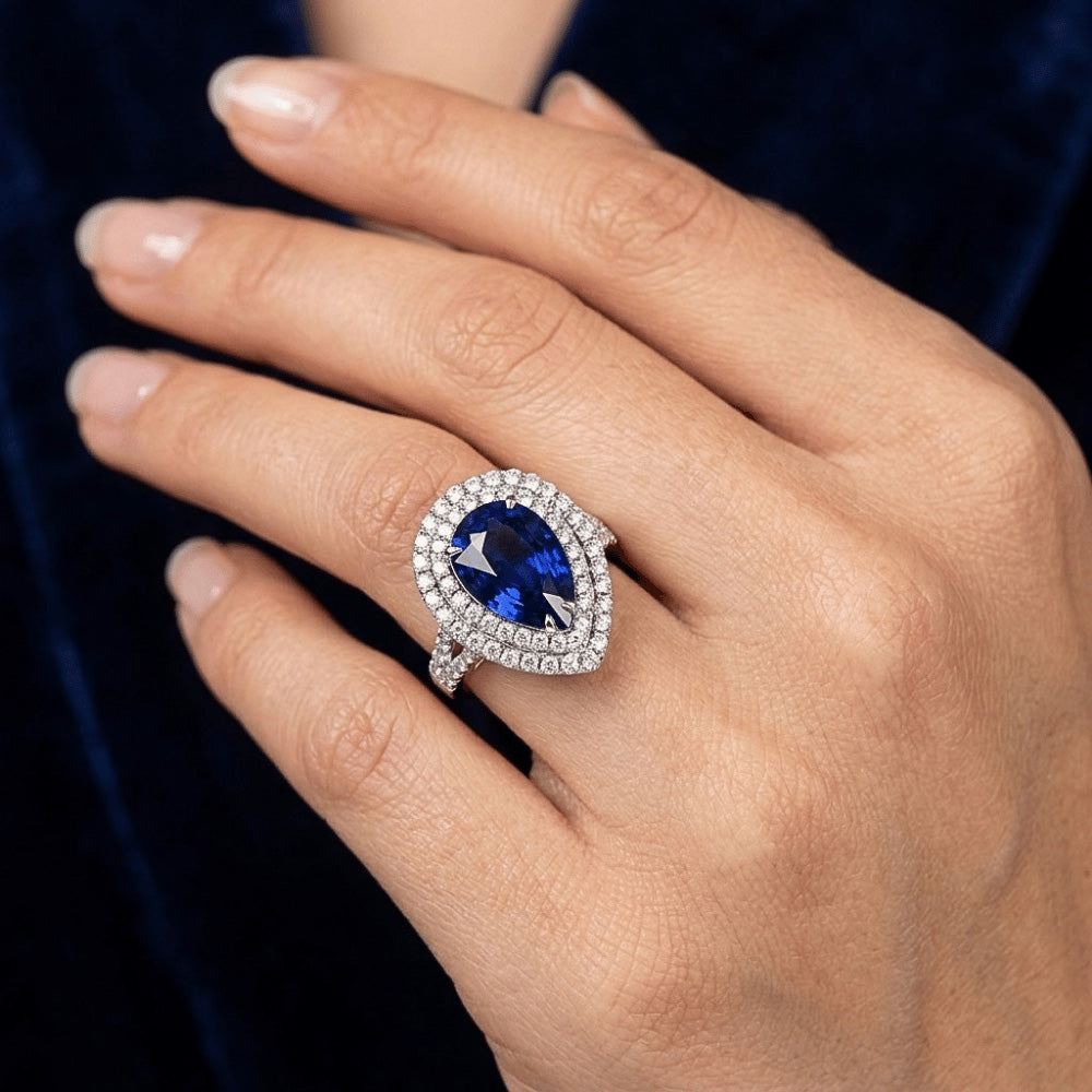 Natural Real ( Not Lab Grown ) Huge Sapphire Double Halo Ring