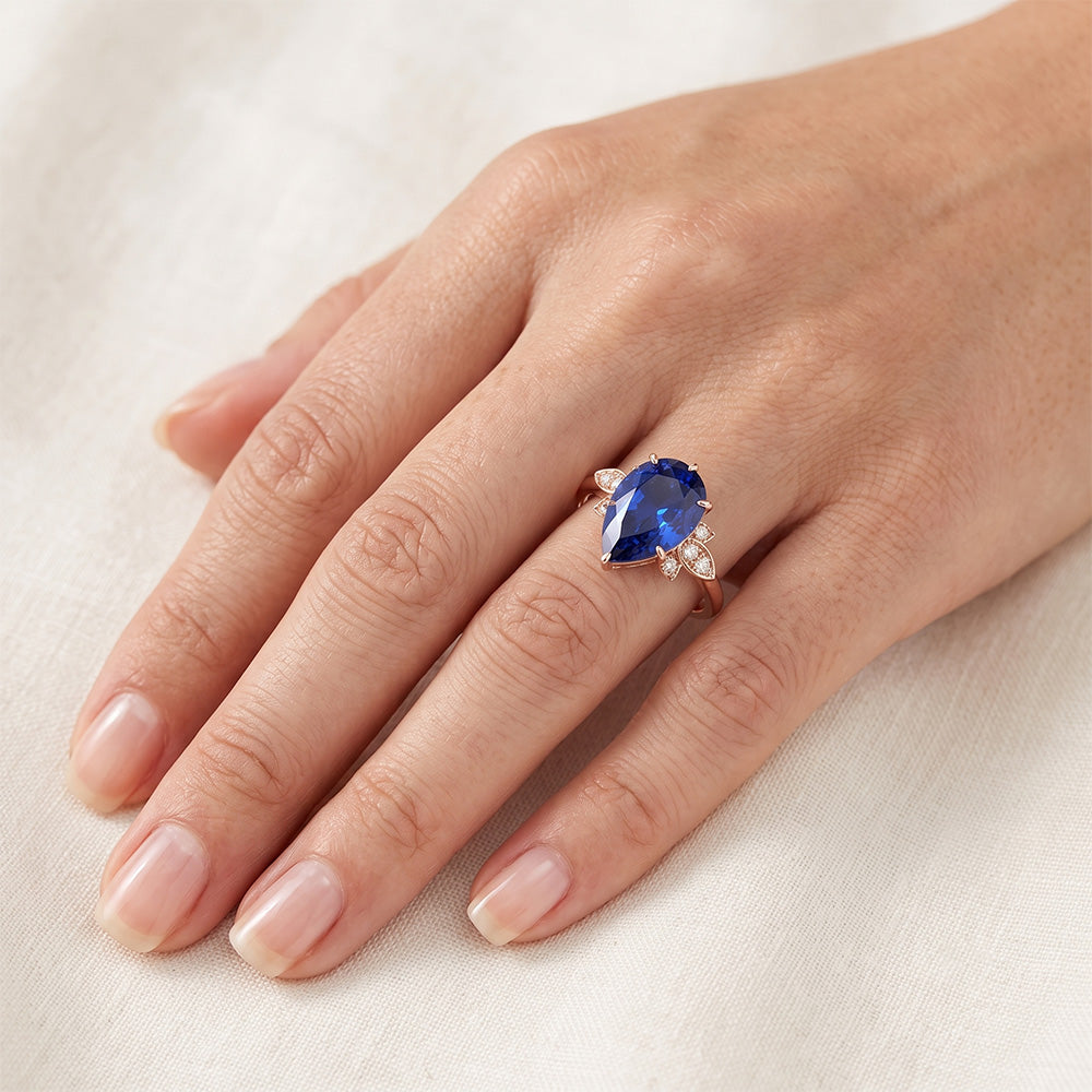 Natural Real ( Not Lab Grown ) Ladies Blue Sapphire Gemstone Ring 4.50 Carats Pear Cut With Accents