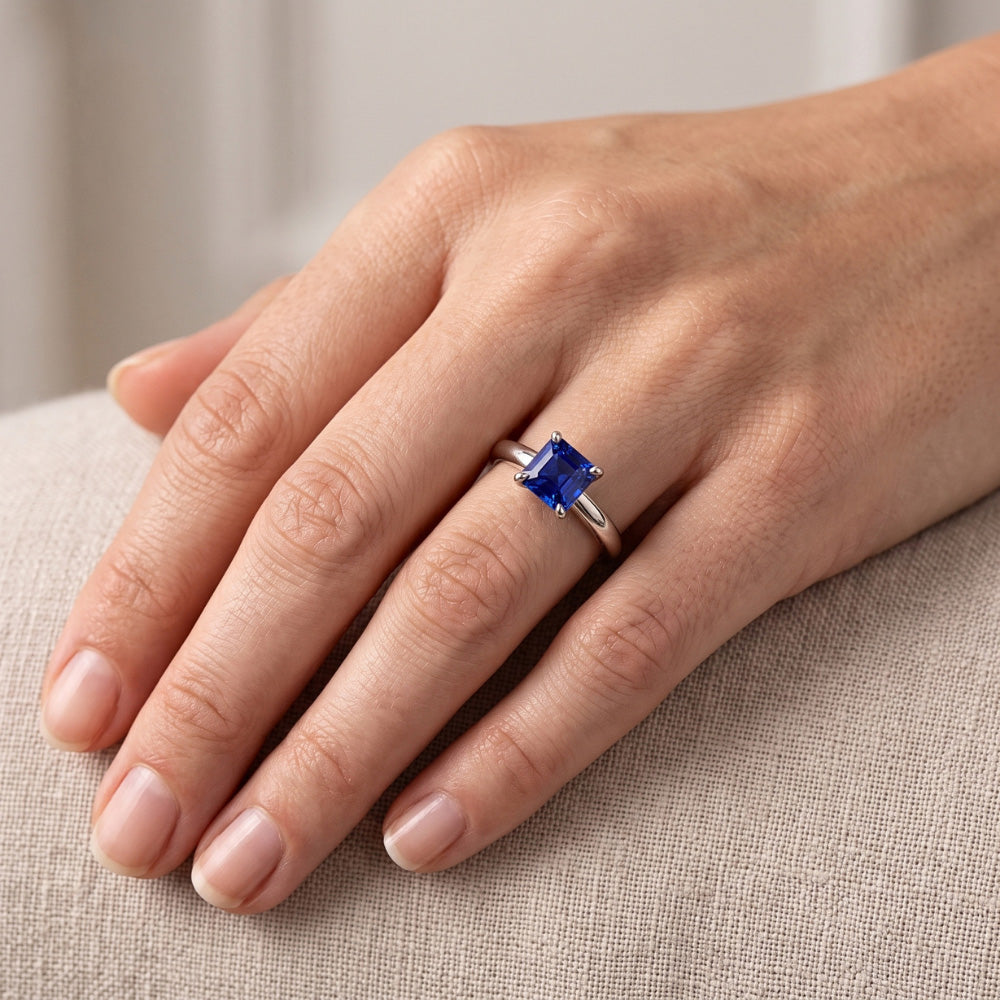 Natural Real ( Not Lab Grown ) Ladies Solitaire Asscher Shaped Ring Blue Sapphire 1.50 Carats