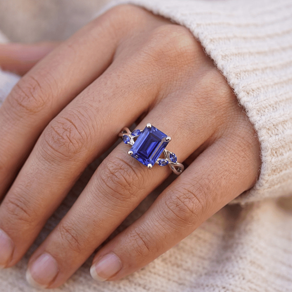 Natural Real ( Not Lab Grown ) Ladies Solitaire Blue Sapphire Ring With Marquise Accents 3.50 Carats