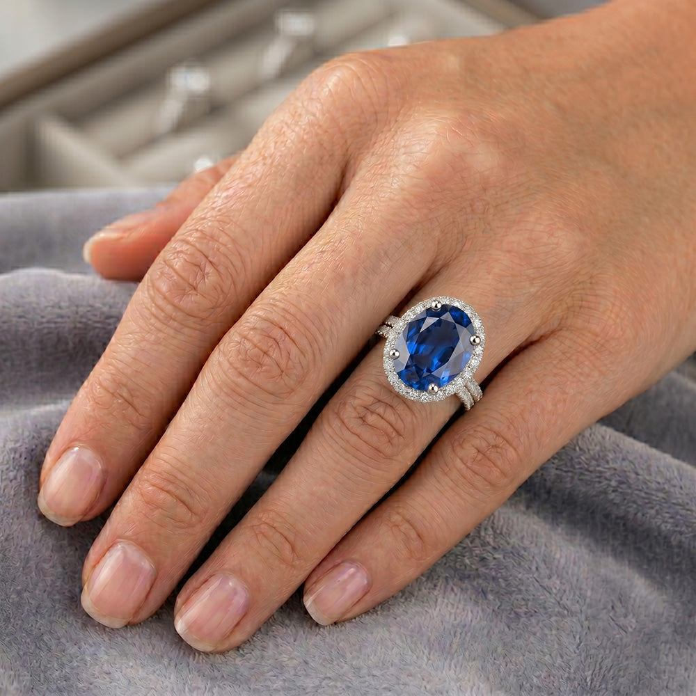 Natural Real ( Not Lab Grown ) Oval Blue Sapphire Halo Engagement Ring Set 10.25 Carats White Gold