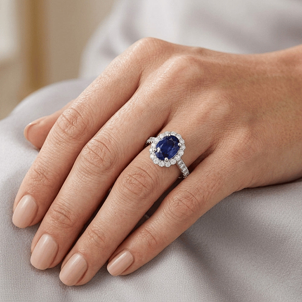 Natural Real ( Not Lab Grown ) Oval Deep Blue Sapphire Halo Wedding Ring 6 Carats White Gold