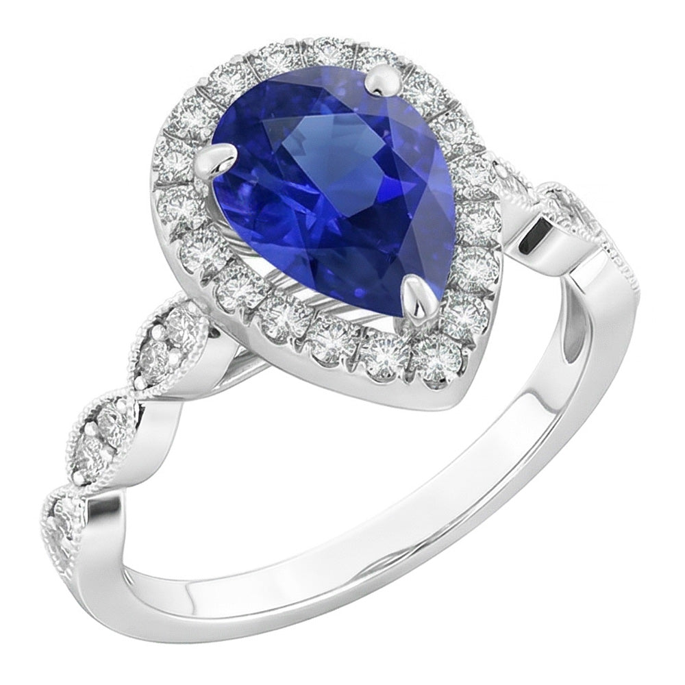 Natural Real ( Not Lab Grown ) Pear Blue Sapphire Diamond Ring