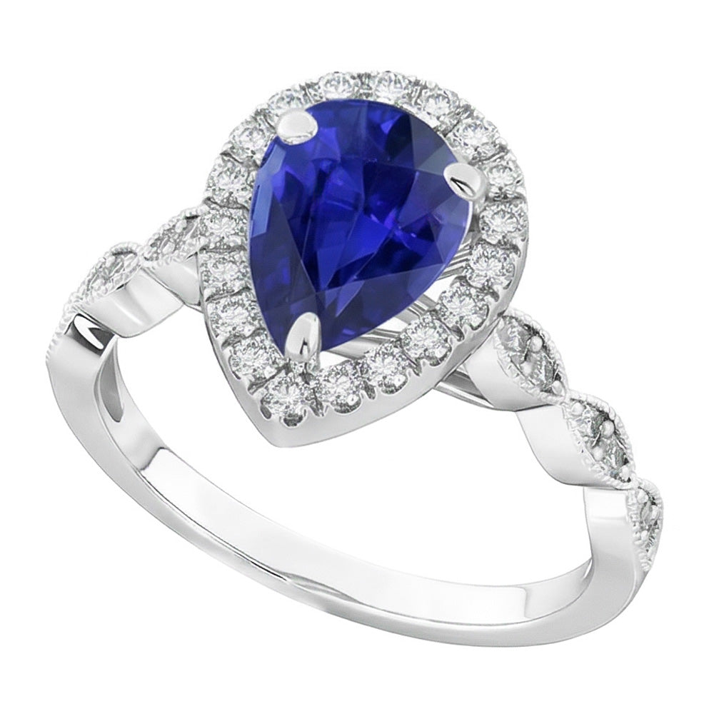 Natural Real ( Not Lab Grown ) Pear Blue Sapphire Diamond Ring