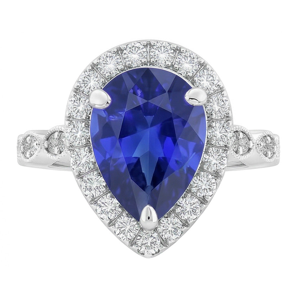Natural Real ( Not Lab Grown ) Pear Blue Sapphire Diamond Ring
