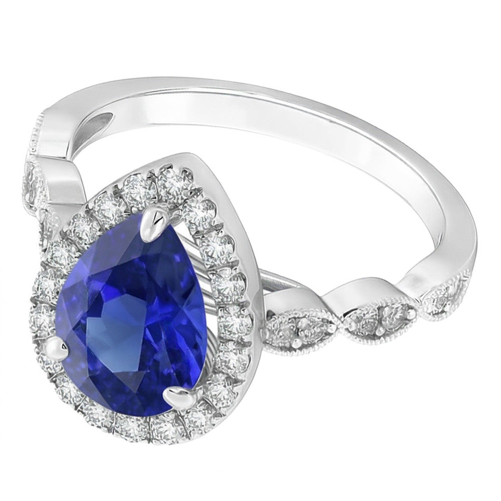 Natural Real ( Not Lab Grown ) Pear Blue Sapphire Diamond Ring