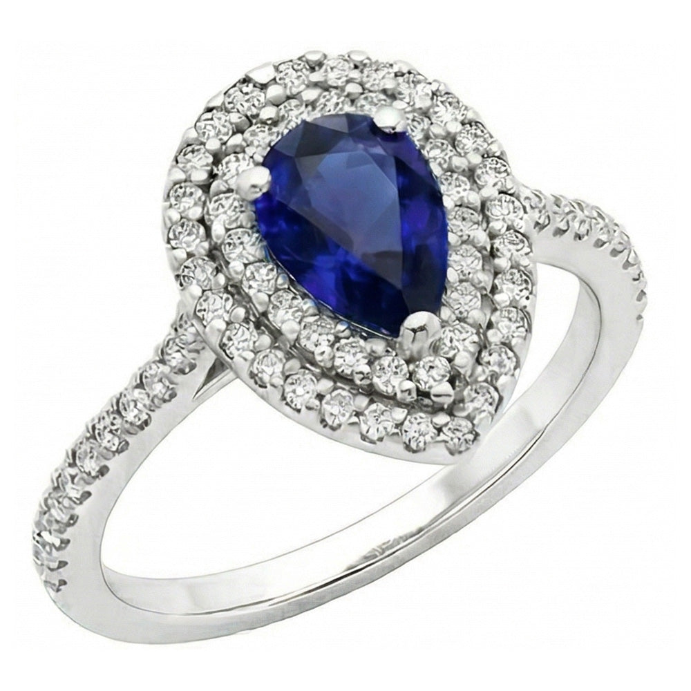 Natural Real ( Not Lab Grown ) Pear Ceylon Gemstone Ring 3.50 Ct Double Halo Diamond Jewelry