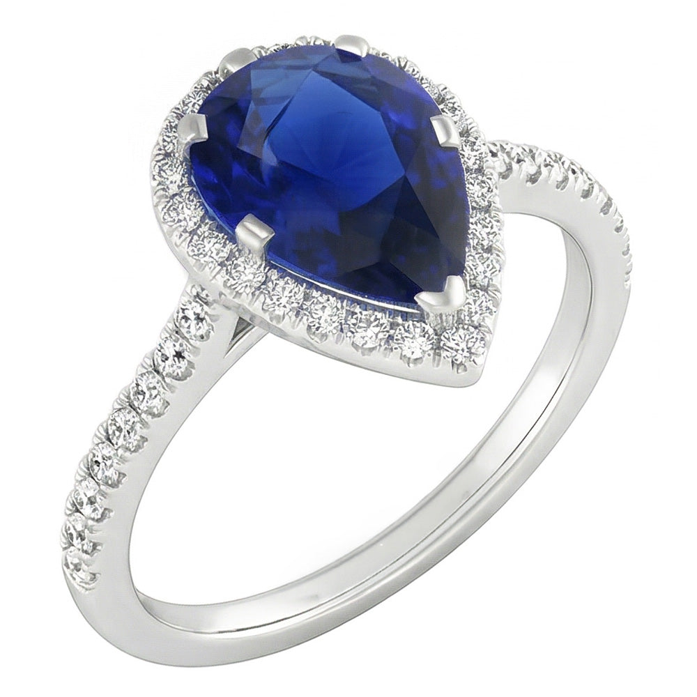 Natural Real ( Not Lab Grown ) Pear Ceylon Sapphire Diamond Ring 3.50 Carats White Gold 14K