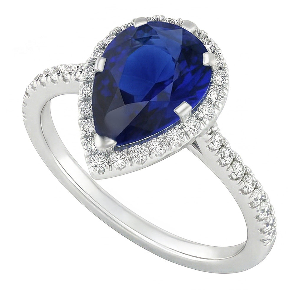 Natural Real ( Not Lab Grown ) Pear Ceylon Sapphire Diamond Ring 3.50 Carats White Gold 14K
