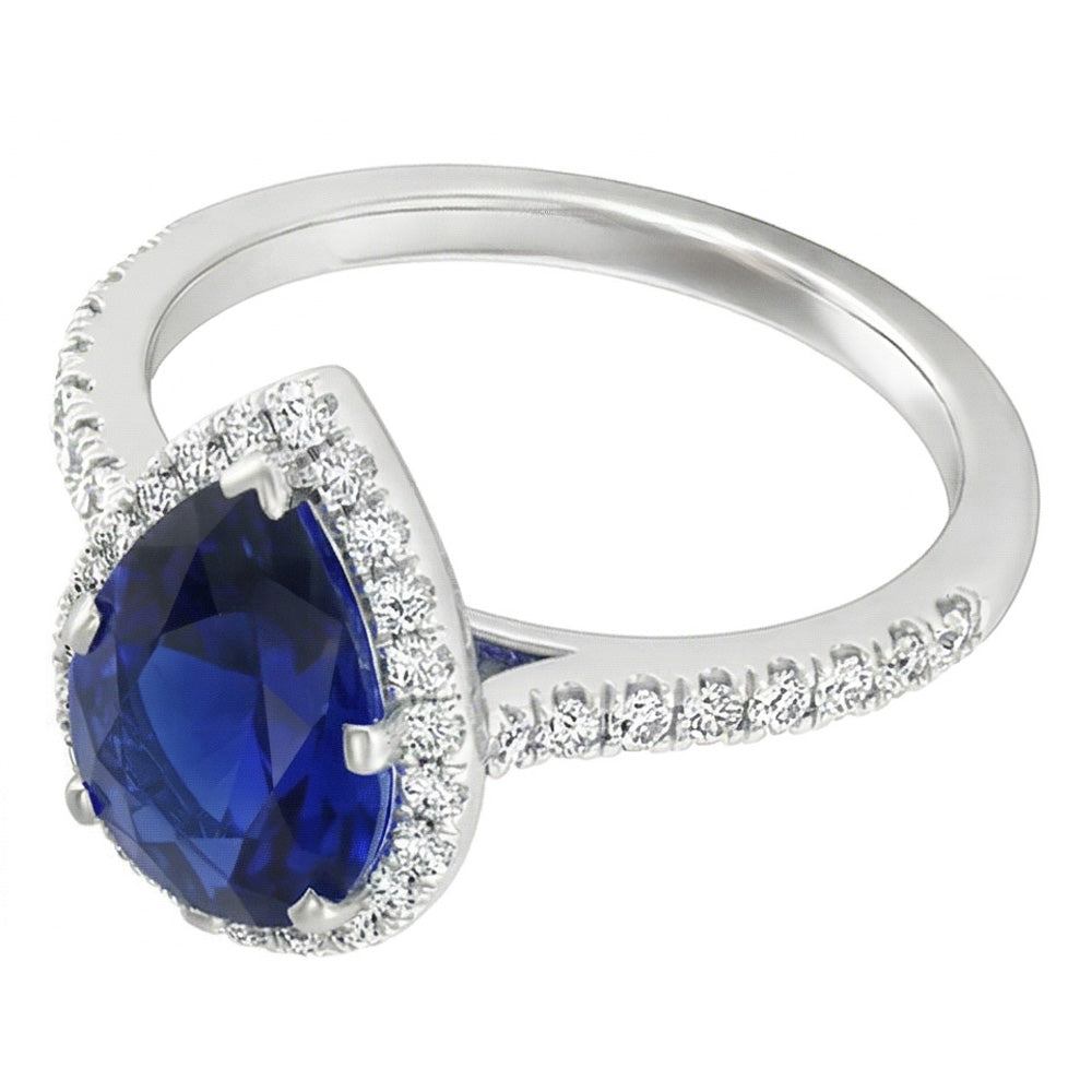 Natural Real ( Not Lab Grown ) Pear Ceylon Sapphire Diamond Ring 3.50 Carats White Gold 14K
