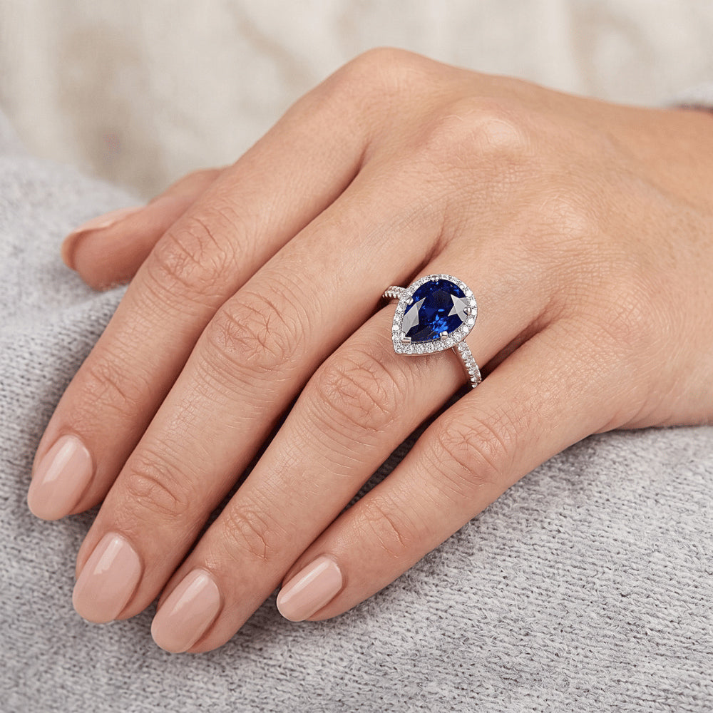 Natural Real ( Not Lab Grown ) Pear Ceylon Sapphire Diamond Ring 3.50 Carats White Gold 14K